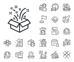 Christmas or New year presents sign. Plane jet, travel map and baggage claim outline icons. Gift box open line icon. Surprise symbol. Gift line sign. Car rental, taxi transport icon. Vector