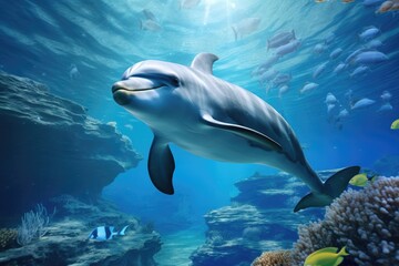 Fototapeta premium Dolphin swim in the blue sea in a picturesque place