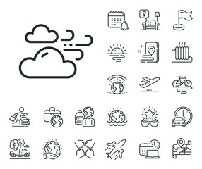 Clouds with wind sign. Plane jet, travel map and baggage claim outline icons. Windy weather line icon. Sky symbol. Windy weather line sign. Car rental, taxi transport icon. Place location. Vector