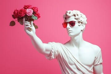 White sculpture of Apollo wearing pink glasses presents a bouquet of red roses on a pastel pink background.