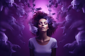 Portrait of a curly-haired girl with closed eyes surrounded by purple smoke. Concept of mental health.