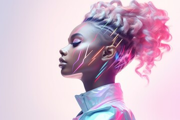 Portrait of a young African girl with pink hair and light lines on her face in 90s style.