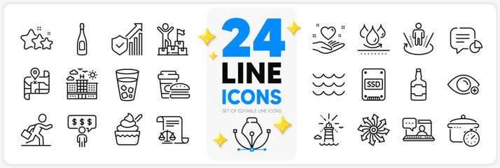 Icons set of Whiskey bottle, Augmented reality and Delivery man line icons pack for app with Farsightedness, Ssd, Ice tea thin outline icon. Waterproof, Security statistics. Vector