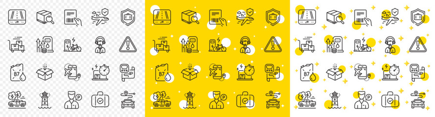 Outline Flight insurance, Flight destination and Pickup line icons pack for web with Fuel price, Search package, Parcel invoice line icon. Metro map, Gps, Electric bike pictogram icon. Vector
