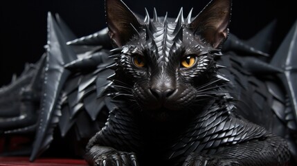 Gothic metalhead cat dragon, black kitty with spikes and leather jacket ready to rock out - obrazy, fototapety, plakaty