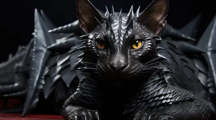 Tuinposter Gothic metalhead cat dragon, black kitty with spikes and leather jacket ready to rock out © Arca Crobatia