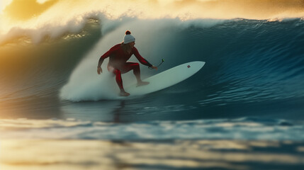 photography  surfer wearing a santa claus is surfing on a surfboard. - obrazy, fototapety, plakaty