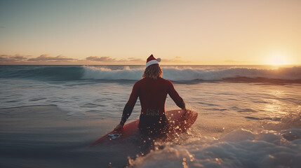 photography  surfer wearing a santa claus is surfing on a surfboard. - obrazy, fototapety, plakaty