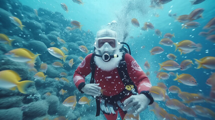 photography  Santa Claus scuba diving under the sea. - obrazy, fototapety, plakaty