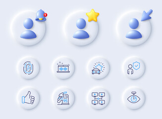 Petrol station, Music making and Video conference line icons. Placeholder with 3d cursor, bell, star. Pack of Security, Car review, Eye laser icon. Fingerprint, Like hand pictogram. Vector