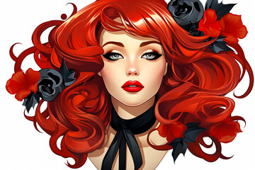 A cartoon girl with red hair and blue eyes isolated on white background.