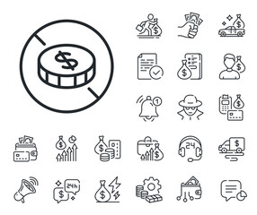 Tax free sign. Cash money, loan and mortgage outline icons. No cash line icon. Coins money symbol. No cash line sign. Credit card, crypto wallet icon. Inflation, job salary. Vector