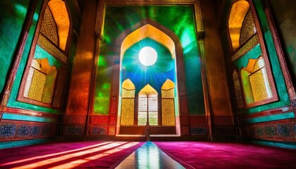 Moonlight shine through the window into islamic interior mosque 