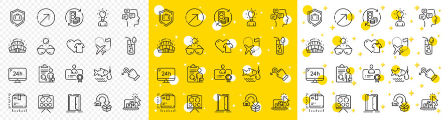 Outline Luggage protect, Arena stadium and Vision board line icons pack for web with Change money, Moving service, Education line icon. 24h service, Sunglasses, Certificate pictogram icon. Vector