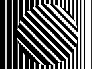 Striped black and white vector pattern with a circle in the center in retro style. For covers, web, social networks, blogs, postcards, interior decor, advertising.  Modern vector background