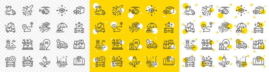 Outline Wholesale inventory, Car wash and Fast delivery line icons pack for web with Medical helicopter, Airplane wifi, Packing boxes line icon. Lighthouse, Hand baggage. Vector