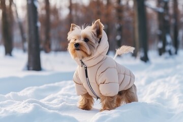 Cute little white dog in winter clothes standing on the snow in winter. A dwarf puppy walks in a snowy forest in cold weather. - Powered by Adobe