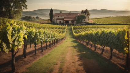 A picturesque vineyard with rows of grapevines and a rustic winery.