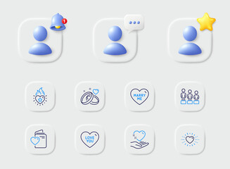 Marriage rings, Marry me and Hold heart line icons. Placeholder with 3d star, reminder bell, chat. Pack of Equality, Heart, Love document icon. Love you pictogram. For web app, printing. Vector
