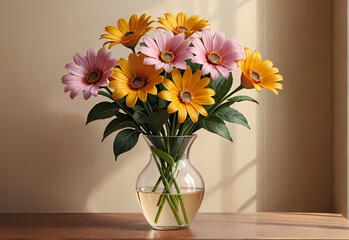 Bouquets of flowers in a vase in a decorative space with a pastel background
