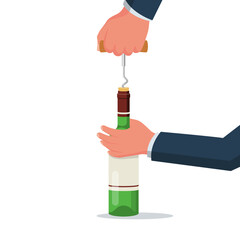 Open a bottle of wine. The waiter is holding a bottle of wine and a corkscrew in his hand. Alcoholic drinks. Vector illustration flat design. Isolated on a white background.