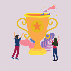 Business Team Success Concept People Celebrating Success With Giant Golden Trophy Achievement , Business competition win vector
