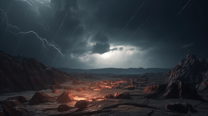 Thunderstorm and rain on a dark volcanic alien planet