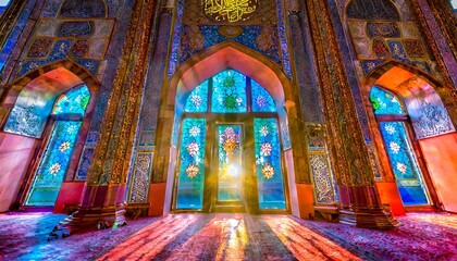 Fototapeta na wymiar Moonlight shine through the window into islamic interior mosque 