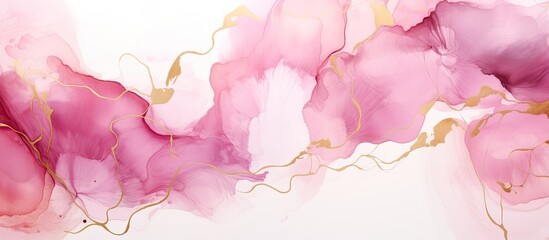 A pink abstract artwork created with watercolors or alcohol ink is set against a white background adorned with golden patterns resembling crackers The artwork features a pastel pink marble l