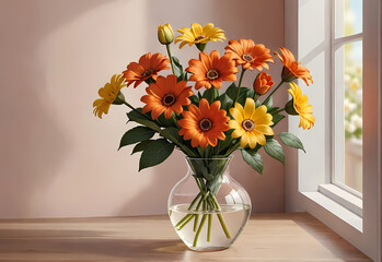 Bouquets of flowers in a vase in a decorative space with a pastel background