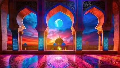Moonlight shine through the window into islamic interior mosque  - obrazy, fototapety, plakaty