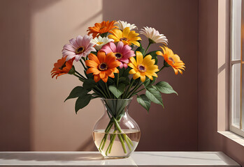 Bouquets of flowers in a vase in a decorative space with a pastel background