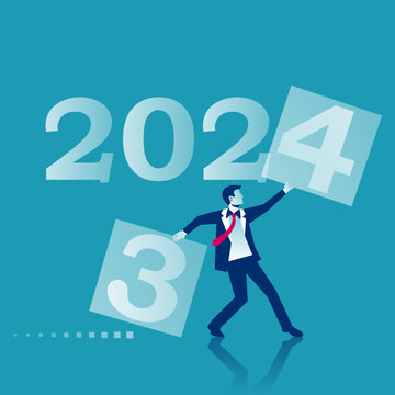 Goodbye 2023. Change year. Businessman tears off a sheet with 2 and sets the new year 2024. Vector illustration flat design. Isolated on white background.