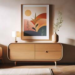 A sleek wooden dresser with rounded corners stands against a beige stucco wall, adorned with a vibrant art poster. The Scandinavian-inspired design adds a touch of modernity to the cozy living room