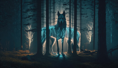 Spirit wolves from another dimension, glowing with light in a dark misty forest. Mystical paranormal animals.