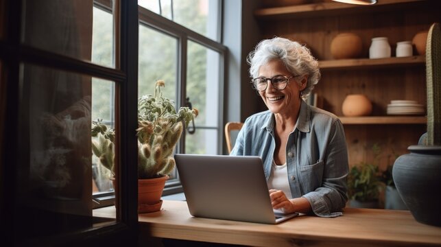 A happy pensioner woman sits in his home office at a computer, works as a freelancer, or communicates via video on the Internet. Life style of elderly people concept.