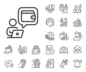 Money online purse sign. Cash money, loan and mortgage outline icons. Wallet line icon. Cash budget symbol. Wallet line sign. Credit card, crypto wallet icon. Inflation, job salary. Vector