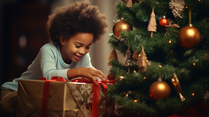African American happy little boy takes hold a christmas gift in your hands. Christmas and New Year celebrations family.