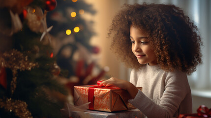 Curly American happy little girl holding in his hands a red gift box tied with a ribbon. Christmas and New Year celebrations family.