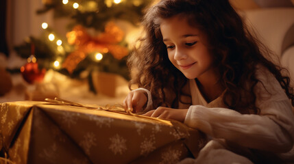A little curly girl in a room decorated with Christmas decorations holds a gift box from Santa Claus. The concept of celebrating Christmas and New Year holidays.