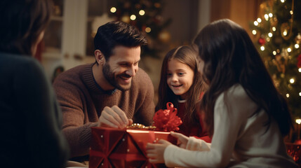 family celebrates christmas and exchanges gifts.Dad and children  give presents to each other the room with garlands. Christmas and New Year celebration concept.