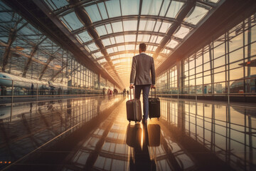 Rear view of young business man carrying a suitcase in the airport Male businessman traveling by plane