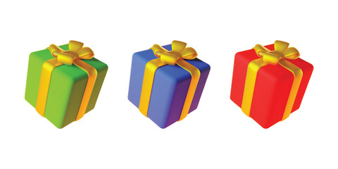 Set of 3d gift boxes. Realistic illustration of three holiday surprise boxes isolated on a white background. Vector 10 EPS.