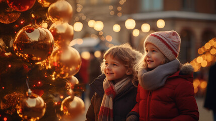 Small children walk along a street decorated with Christmas decorations.Concept for celebrating Christmas and New Year holidays.