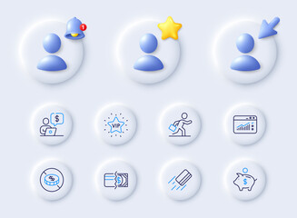 Payment methods, Web traffic and Vip star line icons. Placeholder with 3d cursor, bell, star. Pack of Piggy bank, Credit card, No cash icon. Business person, Businessman run pictogram. Vector