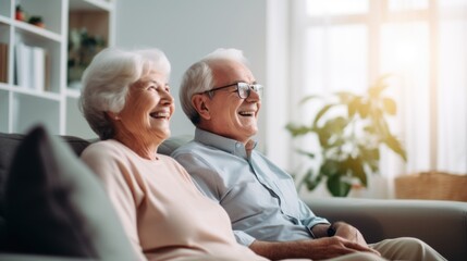 Happy laughing elderly retired couple sitting on the couch at home and watching TV shows together, family spending time together - obrazy, fototapety, plakaty