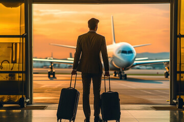 Rear view of young business man carrying a suitcase in the airport Male businessman traveling by plane - Powered by Adobe