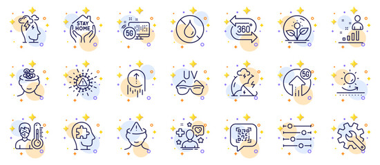Outline set of Sun protection, Incubator and 360 degree line icons for web app. Include 5g internet, Sunglasses, 5g upload pictogram icons. Filter, Qr code, Coronavirus signs. Anxiety. Vector