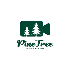 Naklejka na ściany i meble Pine Tree with Camera logo design vector. Creative Pine Tree logo concepts template