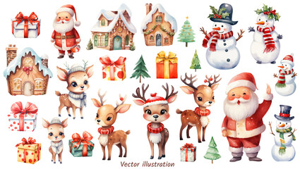 Hand drawn watercolor set of Christmas holiday theme. Santa Claus, snowman, gift box, reindeer, tree, house. Happy new year vector clipart illustration